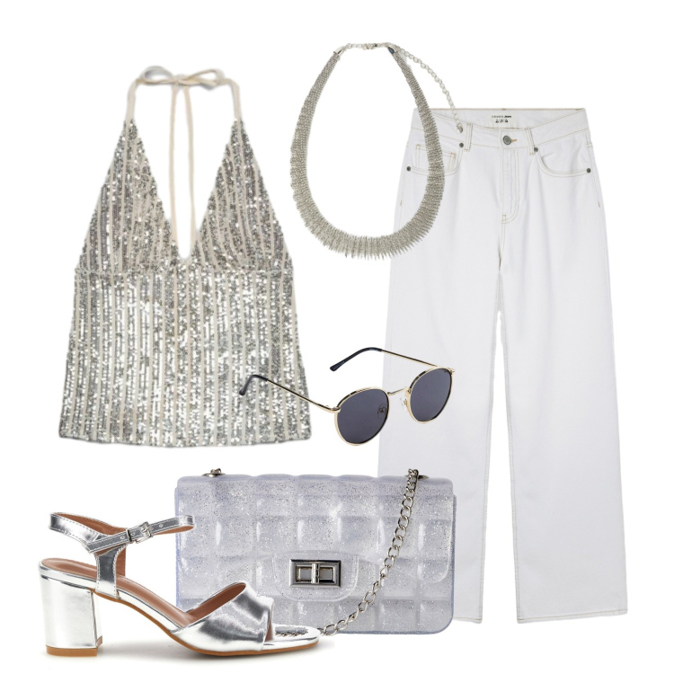 Outfit donna - Golden hour. Stile Glamour per Tutti i giorni. Abbinamento con occhiali da sole, borse a tracolla, jeans, top, collane, sandali col tacco.
