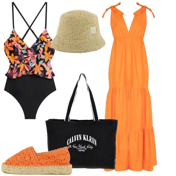 Outfit donna - Maxi-dress in spiaggia. Stile Trendy per Mare. Abbinamento con costumi interi, vestiti lunghi, cappelli, espadrillas, borse a spalla.