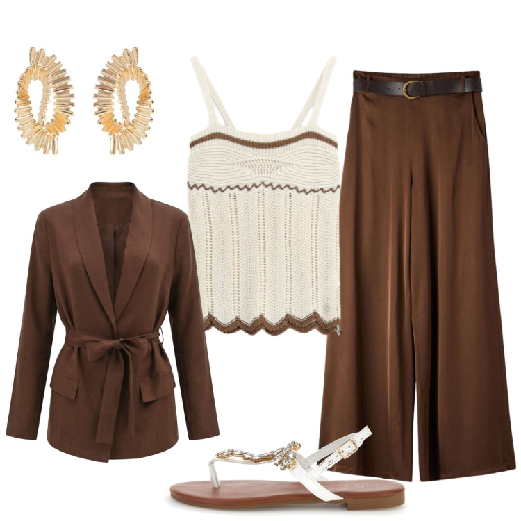Outfit donna - In città. Stile Chic per Tutti i giorni. Abbinamento con pantaloni, top, orecchini, blazer, sandali gioiello.