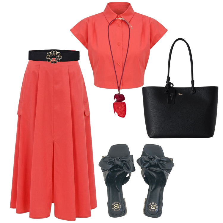 Outfit donna - Color fragola H24. Stile Casual chic per Tutti i giorni. Abbinamento con shopping bag, gonne lunghe, camicie a manica corta, cinture, ciondoli, ciabatte.