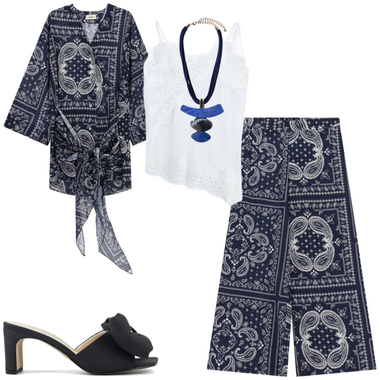 Outfit donna - Dixie. Stile Casual chic per Tutti i giorni. Abbinamento con vestiti corti, pantaloni a palazzo, top, ciondoli, sandali col tacco.