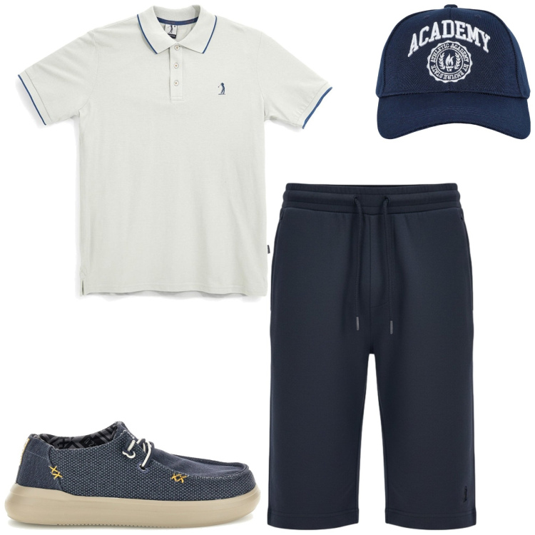 Outfit uomo - Us. Stile Casual per Tutti i giorni. Abbinamento con cappelli con visiera, polo, pantaloni corti, scarpe stringate.