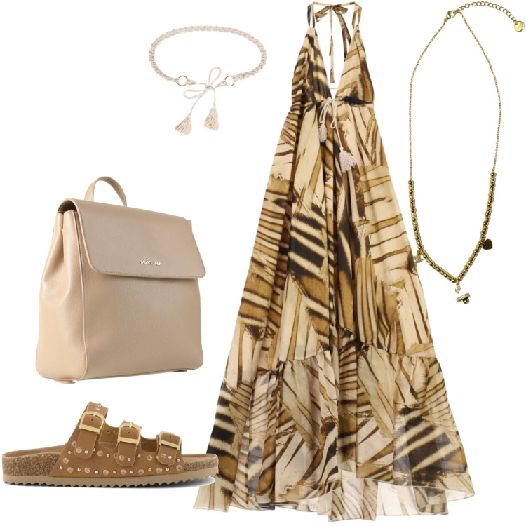 Outfit donna - Finalmente in ferie. Stile Etnico per Tutti i giorni. Abbinamento con zaini, vestiti midi/longuette, cinture, ciondoli, sandali.
