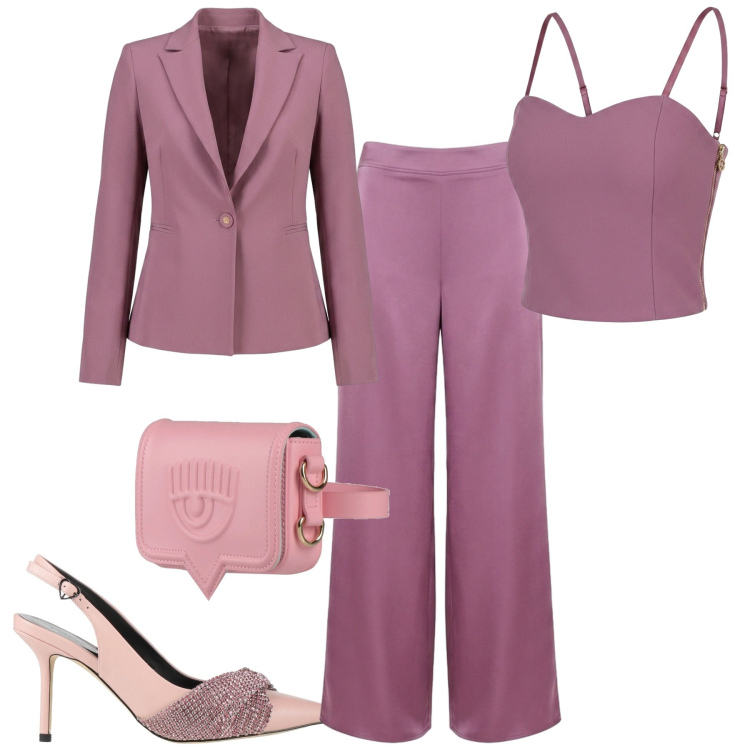 Outfit donna - Rinascimento. Stile Chic per Cerimonia. Abbinamento con décolleté, marsupi, pantaloni a palazzo, blazer, top.