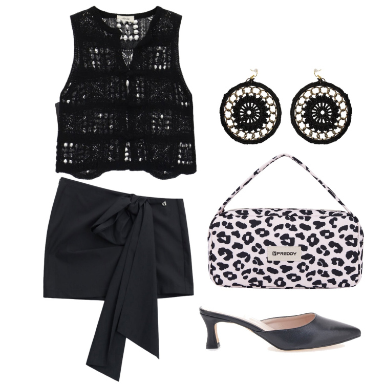 Outfit donna - Agosto. Stile Glamour per Serata fuori. Abbinamento con reggiseni, orecchini, top, minigonne, borse a spalla, ciabatte.