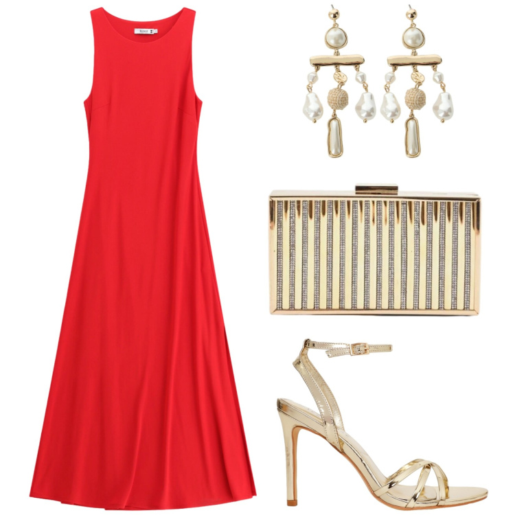 Outfit donna - Sera elegante. Stile Glamour per Serata fuori. Abbinamento con sandali col tacco, vestiti lunghi, orecchini, clutch.