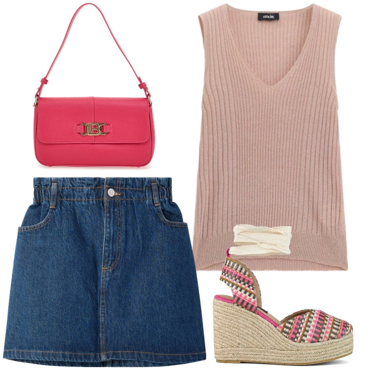 Outfit donna - Total look #2450347. Stile Chic per Tutti i giorni. Abbinamento con minigonne, top, zeppe, borse a spalla.