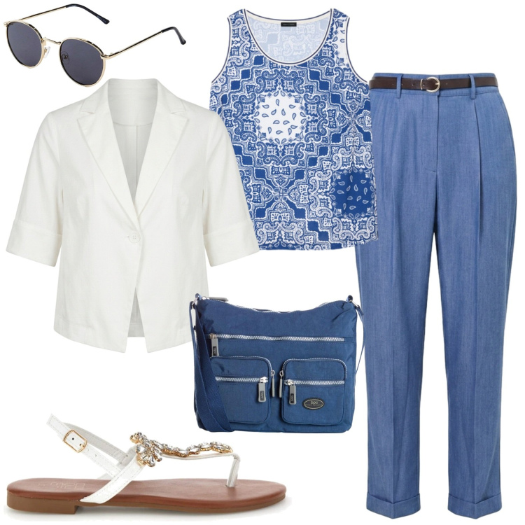 Outfit donna - Casual chic. Stile Casual chic per Tutti i giorni. Abbinamento con occhiali da sole, borse a tracolla, pantaloni, blazer, top, sandali gioiello.