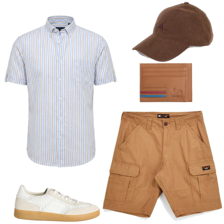 Outfit uomo - In pizzeria. Stile Casual per Tutti i giorni. Abbinamento con sneakers, camicie a manica corta, portafogli, cappelli con visiera, bermuda.