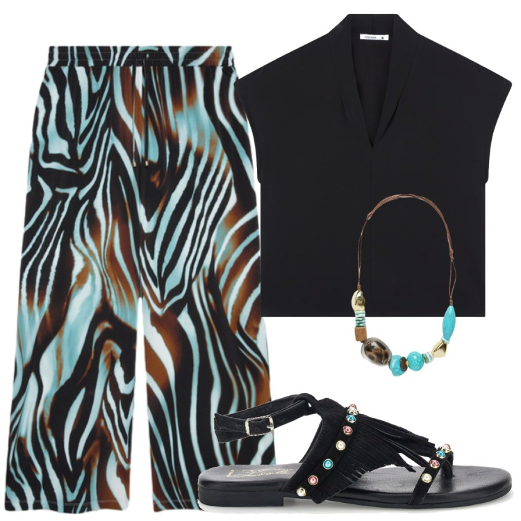 Outfit donna - Comodità sciccose. Stile Chic per Serata fuori. Abbinamento con bluse, collane, pantaloni a palazzo, sandali.