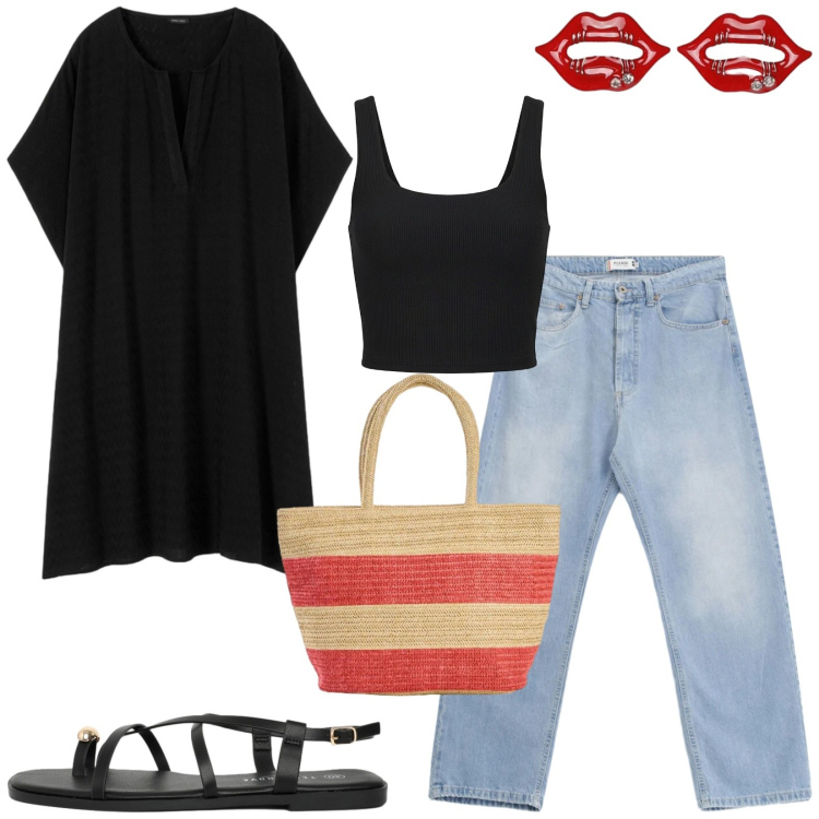Outfit donna - Total look #2450351. Stile Casual per Tutti i giorni. Abbinamento con shopping bag, sandali, blazer, jeans, caftani, canottiere.