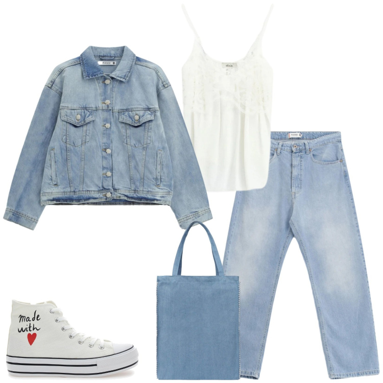 Outfit donna - Total look #2450353. Stile Casual per Tutti i giorni. Abbinamento con borse tote, jeans, blazer, top, sneakers.