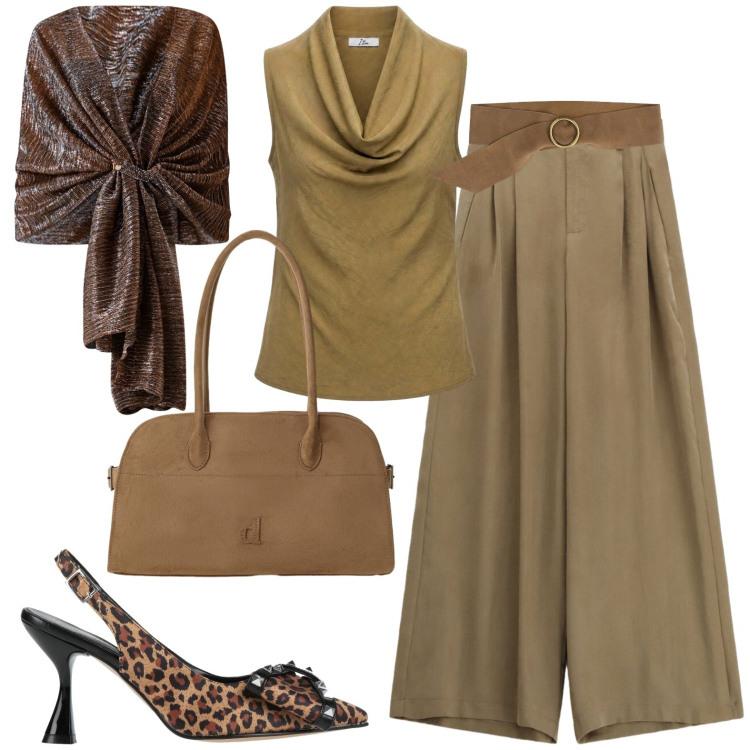 Outfit donna - Serata. Stile Casual chic per Serata fuori. Abbinamento con décolleté, canottiere, cinture, borse a spalla, pantaloni a palazzo, stole.