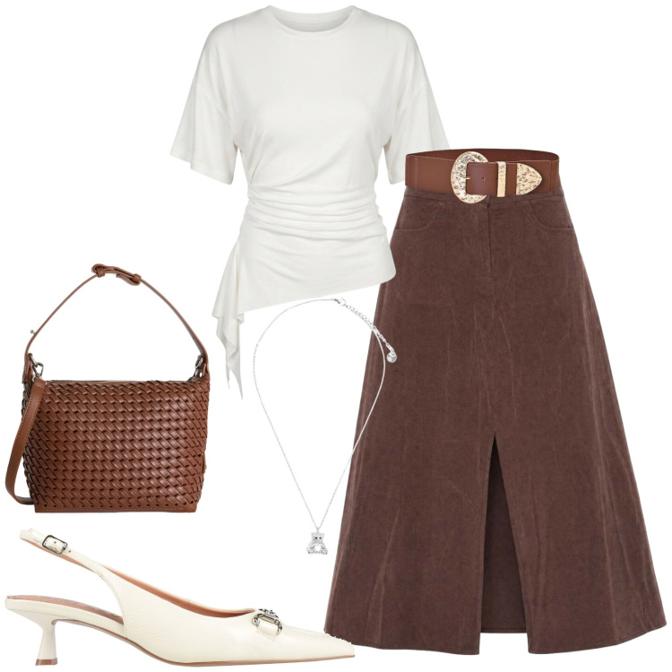 Outfit donna - Ufficio. Stile Casual chic per Ufficio. Abbinamento con décolleté, borse a spalla, gonne lunghe, cinture, ciondoli, maglieria.