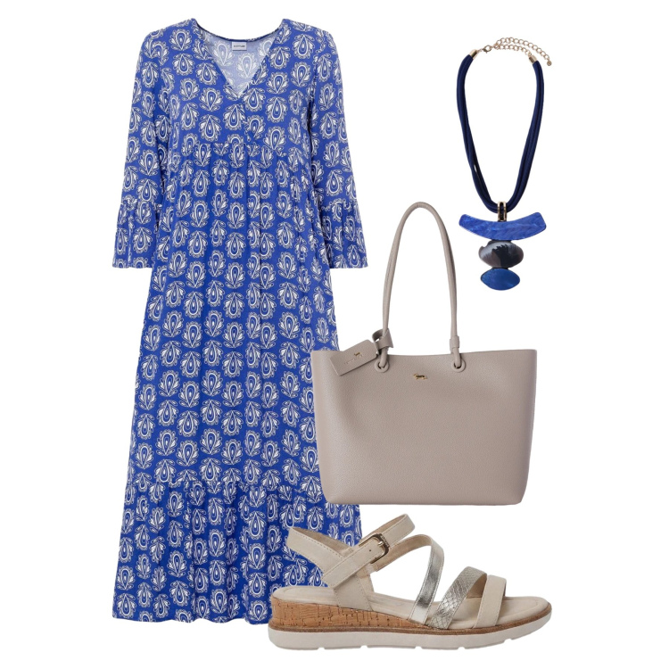 Outfit donna - Caftano daily. Stile Boho per Tutti i giorni. Abbinamento con sandali, caftani, shopping bag, ciondoli.