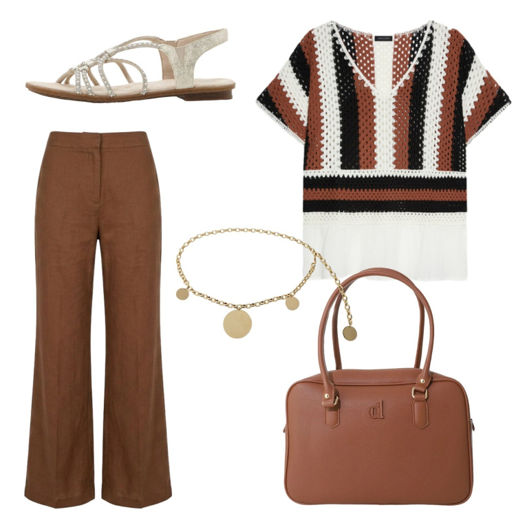 Outfit donna - Sandali flat e blusa rigata. Stile Casual per Ufficio. Abbinamento con sandali, borse a mano, cinture, pantaloni, t-shirt.