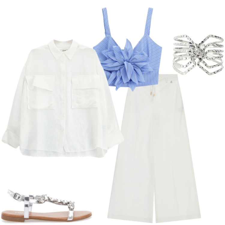 Outfit donna - Cena vista mare. Stile Casual chic per Serata fuori. Abbinamento con camicie, braccialetti, top, pantaloni a palazzo, sandali gioiello.