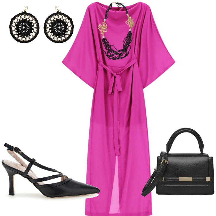 Outfit donna - Serata. Stile Chic per Serata fuori. Abbinamento con borse a spalla, orecchini, collane, vestiti lunghi, décolleté.