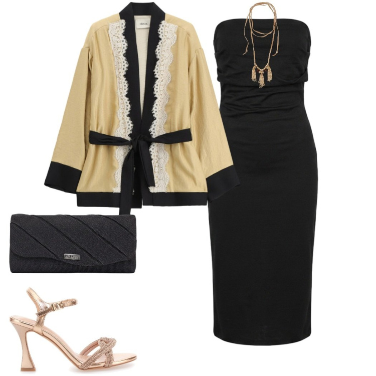 Outfit donna - Cena vista mare. Stile Casual chic per Serata fuori. Abbinamento con collane, cappotti, vestiti midi/longuette, sandali col tacco, pochette.