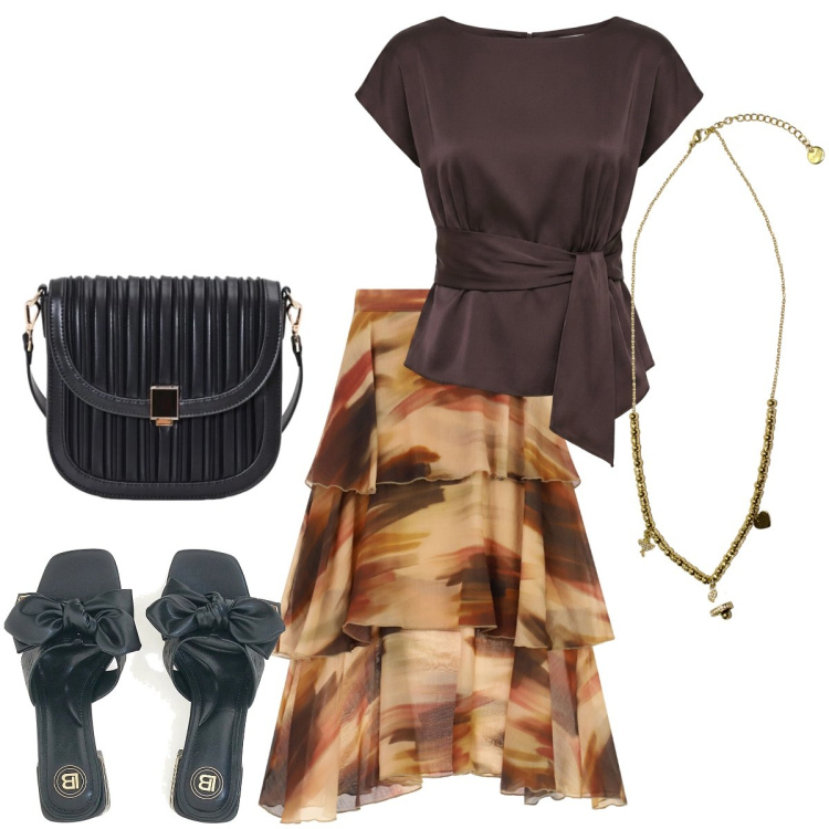Outfit donna - Aperitivo al mare. Stile Chic per Serata fuori. Abbinamento con gonne longuette, borse a tracolla, bluse, ciondoli, ciabatte.