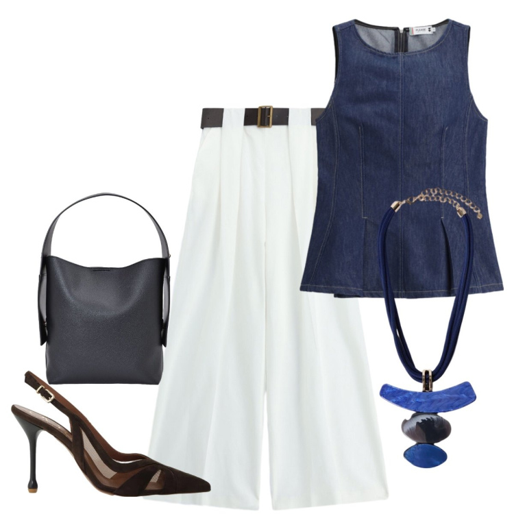 Outfit donna - Elegante ma non troppo. Stile Casual chic per Serata fuori. Abbinamento con top, décolleté, pantaloni a palazzo, borse a spalla, ciondoli.