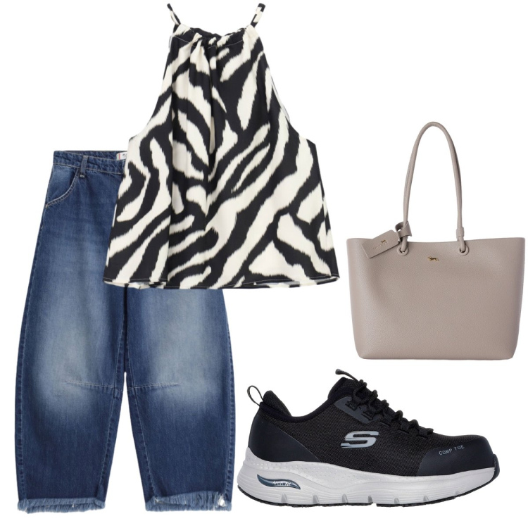Outfit donna - Cena tra amici. Stile Casual chic per Serata fuori. Abbinamento con shopping bag, jeans, top, sneakers.