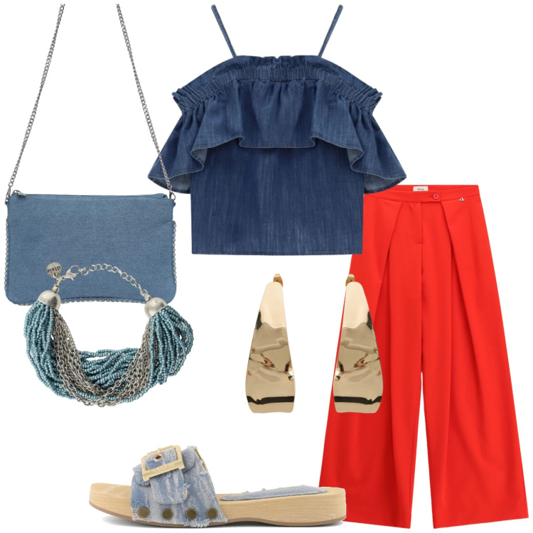 Outfit donna - D\'estate. Stile Trendy per Tutti i giorni. Abbinamento con borse a tracolla, top, orecchini, braccialetti, pantaloni a palazzo, ciabatte.