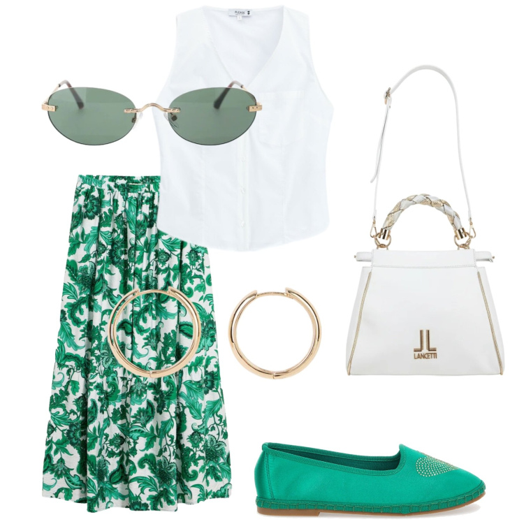 Outfit donna - Brunch d\'estate. Stile Trendy per Tutti i giorni. Abbinamento con orecchini, gonne lunghe, camicie, occhiali da sole, ballerine, borse a tracolla.