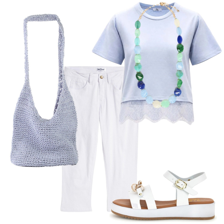 Outfit donna - Total look #2450374. Stile Casual chic per Tutti i giorni. Abbinamento con jeans slim fit, shopping bag, t-shirt, collane, sandali.