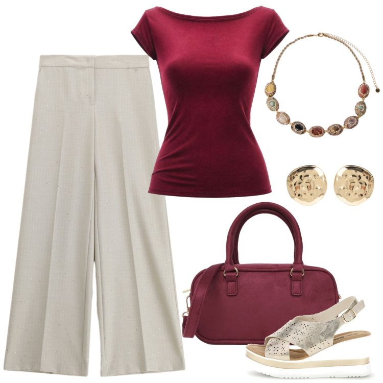 Outfit donna - Basic per l\'ufficio. Stile Basic per Ufficio. Abbinamento con borse a tracolla, top, pantaloni a palazzo, orecchini, collane, zeppe.