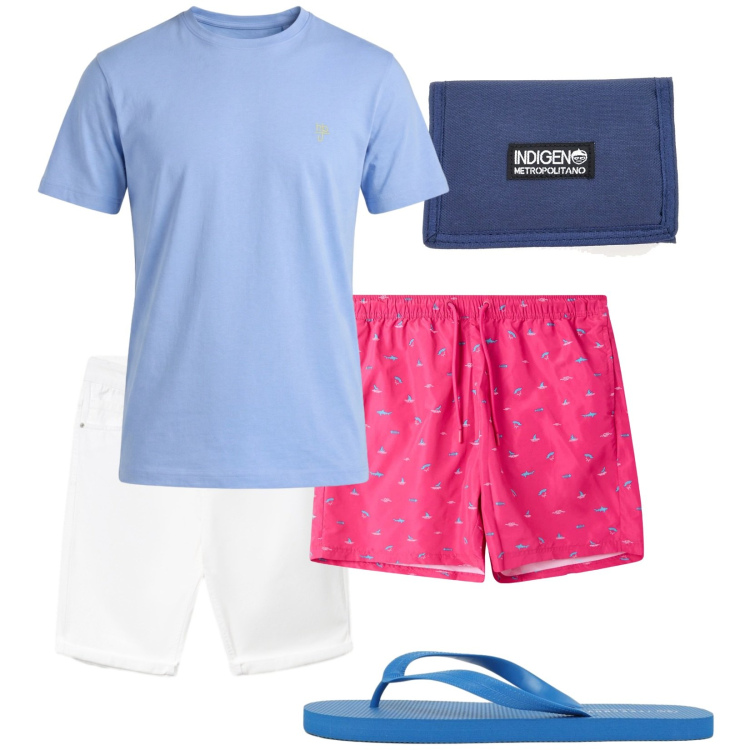 Outfit uomo - Total look #2450376. Stile Casual per Mare. Abbinamento con t-shirt, bermuda, sandali, costumi, portafogli.