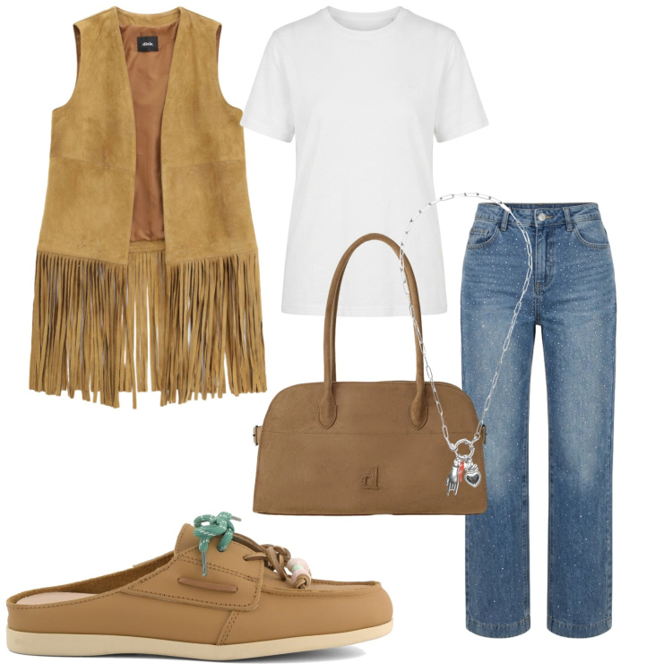 Outfit donna - Total look #2450378. Stile Trendy per Tutti i giorni. Abbinamento con t-shirt, borse a spalla, gilet, jeans, ciondoli, sabot.