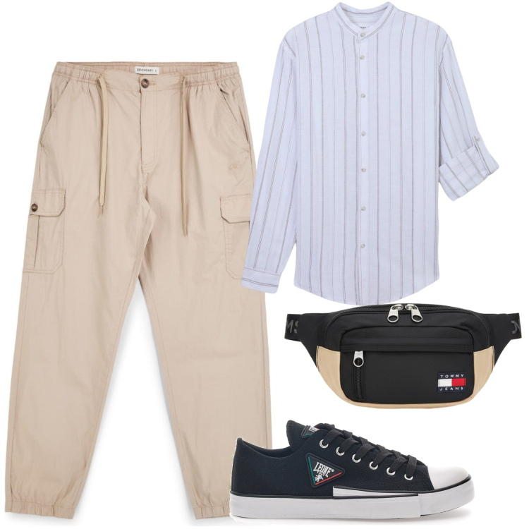 Outfit uomo - Cena in vacanza. Stile Casual per Tutti i giorni. Abbinamento con camicie, sneakers, pantaloni cargo, borse sportive.