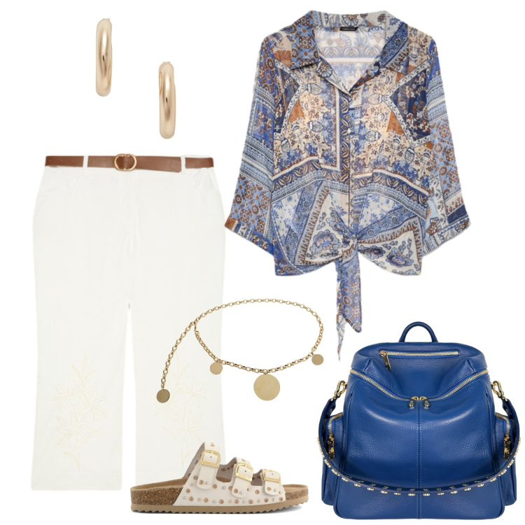 Outfit donna - La camicia leggera e lo zaino blu. Stile Urban per Tutti i giorni. Abbinamento con cinture, bluse, pantaloni, orecchini, zaini, sandali.