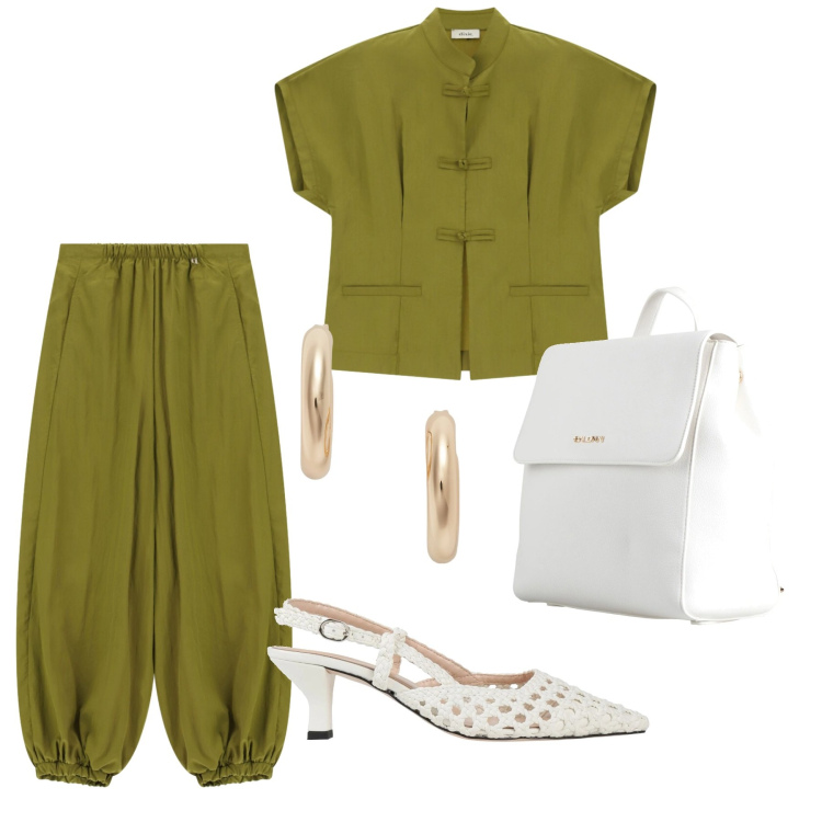 Outfit donna - Total look #2450384. Stile Chic per Serata fuori. Abbinamento con zaini, décolleté, pantaloni a palazzo, camicie a manica corta, orecchini.