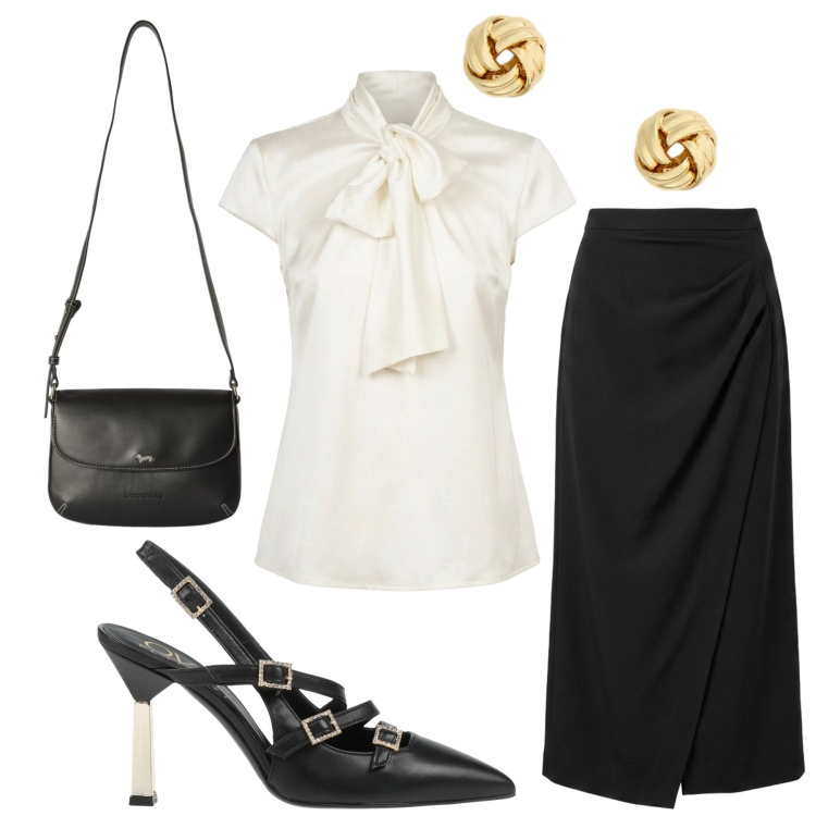 Outfit donna - Total look #2450386. Stile Chic per Ufficio. Abbinamento con décolleté, borse a tracolla, gonne lunghe, camicie, orecchini.