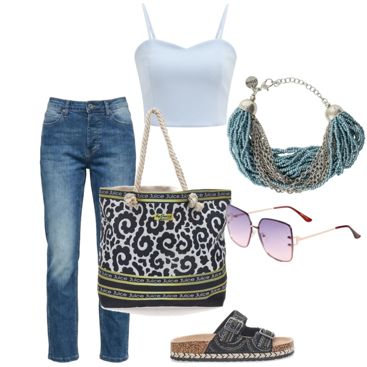 Outfit donna - Estate. Stile Casual per Serata fuori. Abbinamento con occhiali da sole, jeans, braccialetti, top, borse a tracolla, ciabatte.