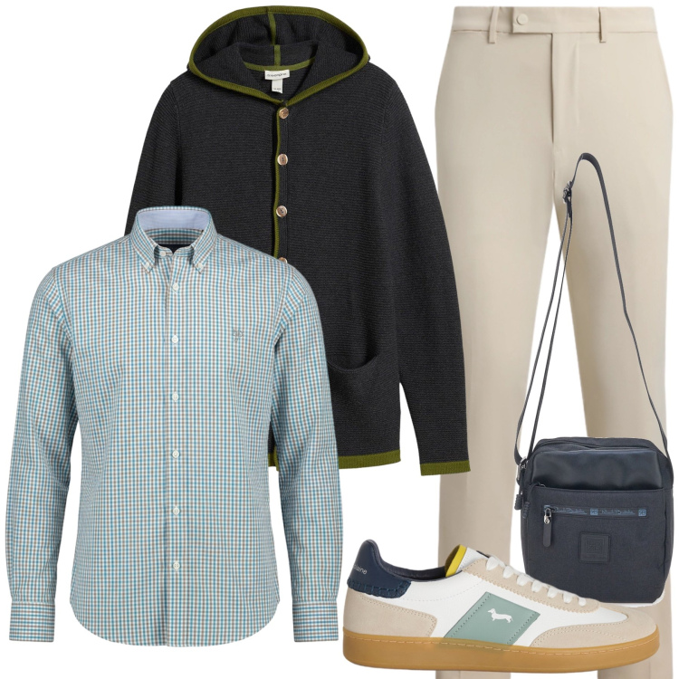 Outfit uomo - Total look #2450405. Stile Casual per Tutti i giorni. Abbinamento con cardigans, camicie, sneakers, pantaloni, portafogli.