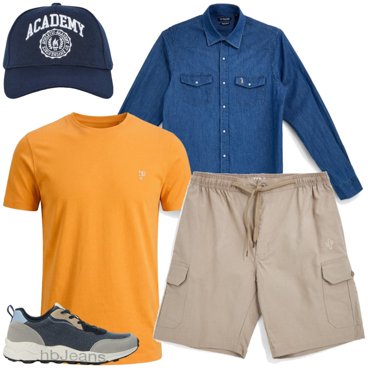 Outfit uomo - Total look #2450406. Stile Casual per Tutti i giorni. Abbinamento con t-shirt, sneakers, cappelli con visiera, bermuda, camicie.
