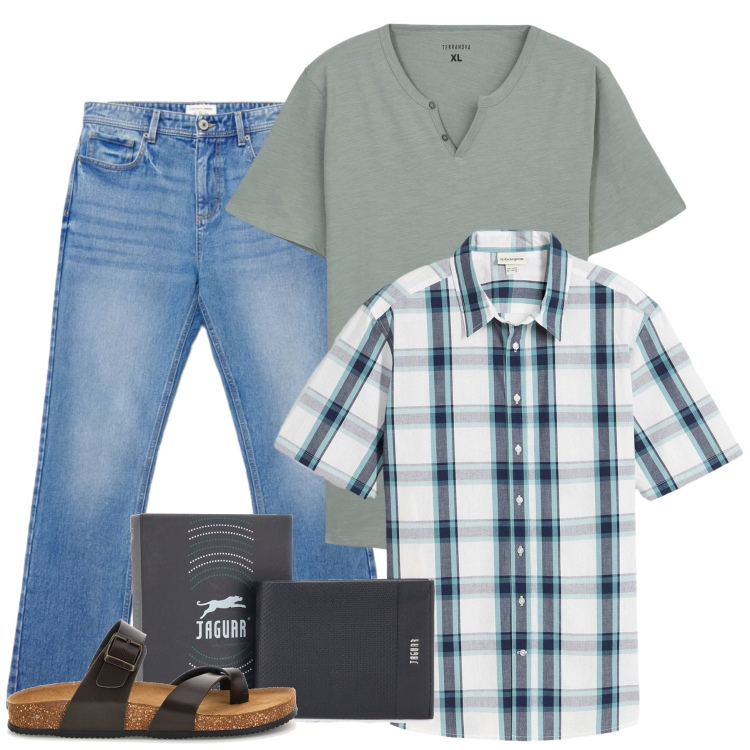 Outfit uomo - Total look #2450408. Stile Casual per Tutti i giorni. Abbinamento con camicie a manica corta, jeans dritti, t-shirt, portafogli, sandali.