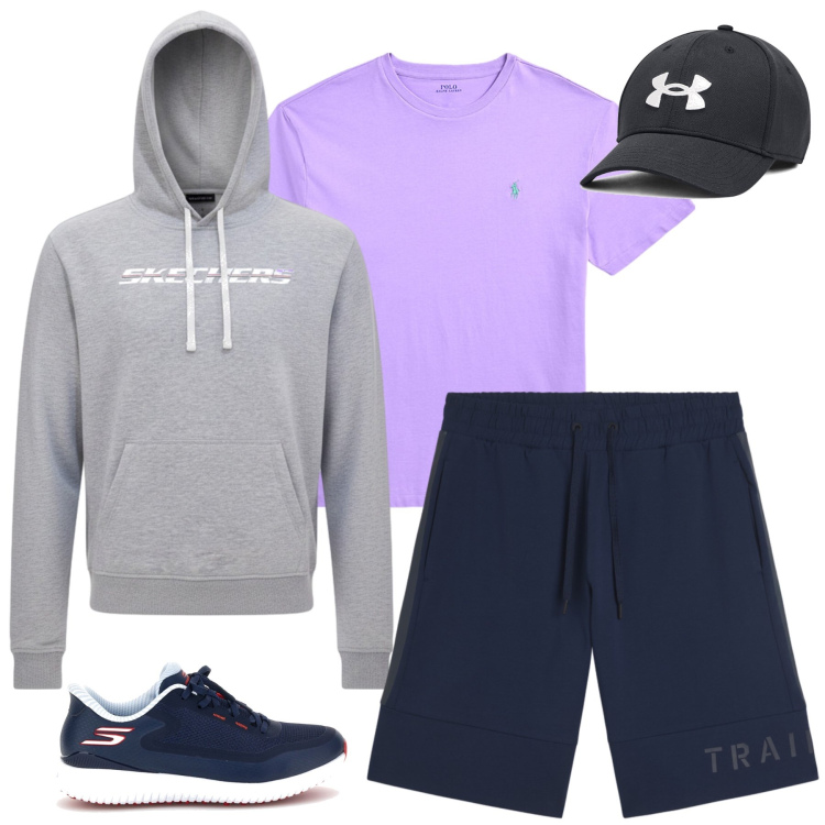 Outfit uomo - Total look #2450411. Stile Urban per Tutti i giorni. Abbinamento con bermuda, t-shirt, cappelli, sneakers, felpe con cappuccio.