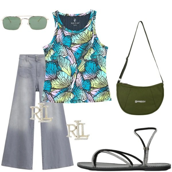 Outfit donna - Passeggiando per la città. Stile Casual per Tutti i giorni. Abbinamento con sandali, jeans, occhiali da sole, borse a spalla, orecchini, canottiere.