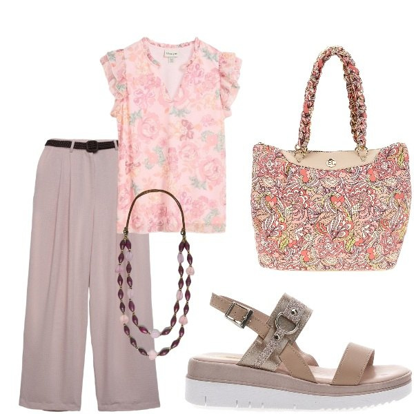 Outfit donna - Estate. Stile Casual per Tutti i giorni. Abbinamento con bluse, pantaloni, collane, borse a spalla, sandali.