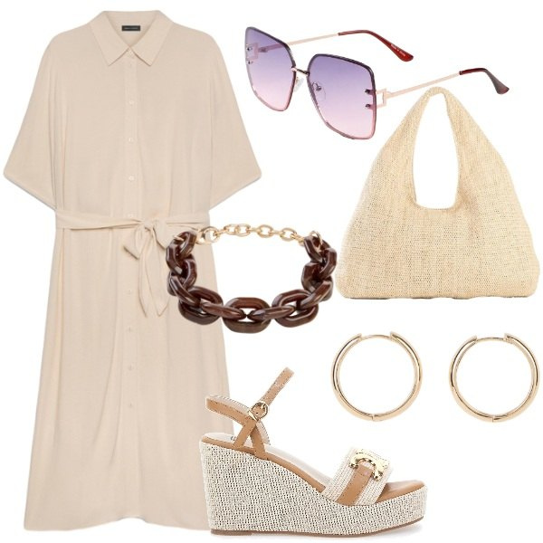 Outfit donna - E siamo in Agosto....... Stile Casual per Tutti i giorni. Abbinamento con orecchini, occhiali da sole, braccialetti, shopping bag, vestiti chemisier, zeppe.