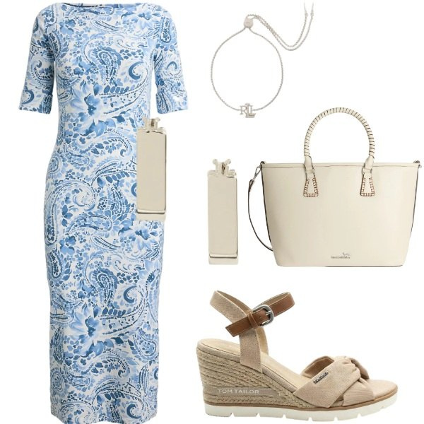 Outfit donna - Serata tra amici. Stile Casual chic per Serata fuori. Abbinamento con sandali col tacco, shopping bag, braccialetti, vestiti midi/longuette, orecchini.