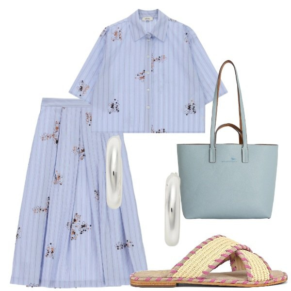 Outfit donna - E siamo in Agosto....... Stile Casual chic per Tutti i giorni. Abbinamento con shopping bag, gonne lunghe, camicie a manica corta, orecchini, ciabatte.