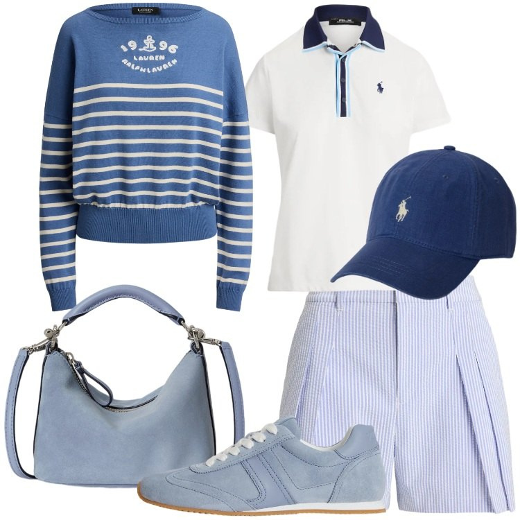 Outfit donna - Ferragosto in montagna @laurafo. Stile Preppy per Tutti i giorni. Abbinamento con maglieria, polo, sneakers, borse a spalla, shorts, cappelli con visiera.