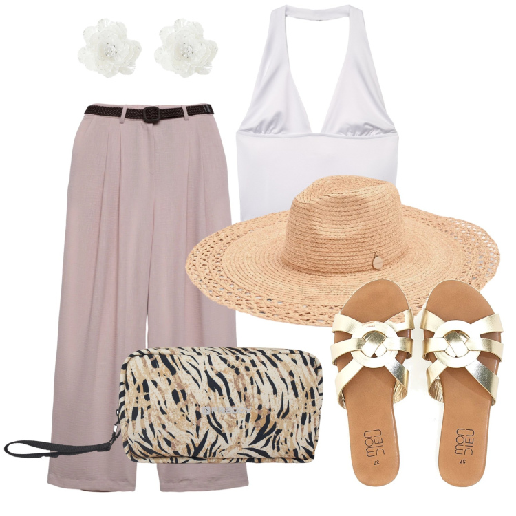 Outfit donna - Agosto. Stile Trendy per Tutti i giorni. Abbinamento con pantaloni, top, orecchini, cappelli, valigie, ciabatte.