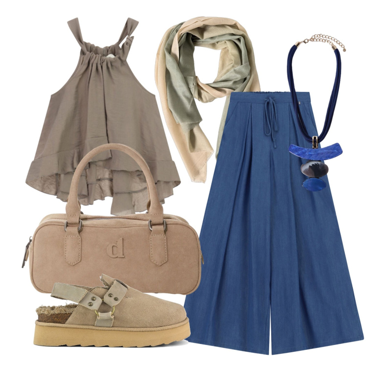 Outfit donna - Agosto. Stile Trendy per Tutti i giorni. Abbinamento con borse a mano, pantaloni a palazzo, top, ciondoli, foulard, sabot.