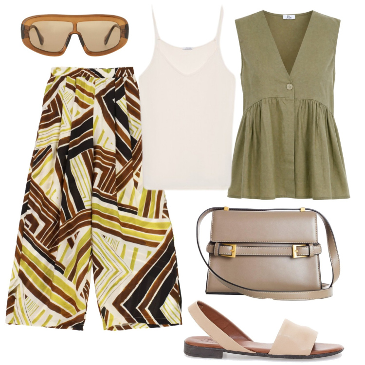Outfit donna - Metropolitan Escape. Stile Chic per Tutti i giorni. Abbinamento con borse a tracolla, gilet, pantaloni a palazzo, occhiali da sole, canottiere, sandali.